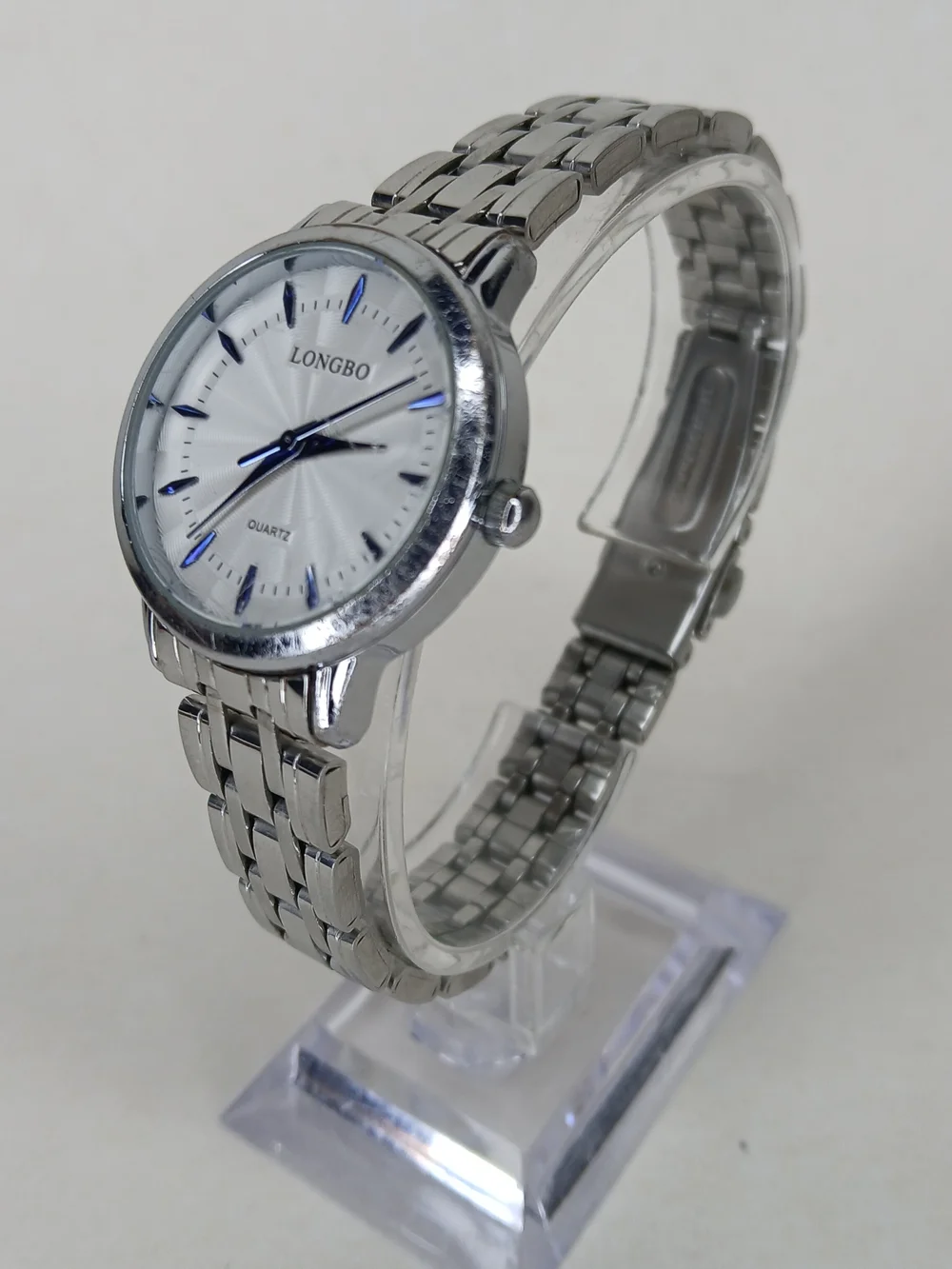 Men's Silver Stainless Steel Watch with Blue Accents